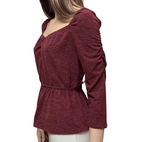 Anthropologie Moon River Peplum Top Blouse Heather Burgundy Ruched Shirred Back - Picture 6 of 16